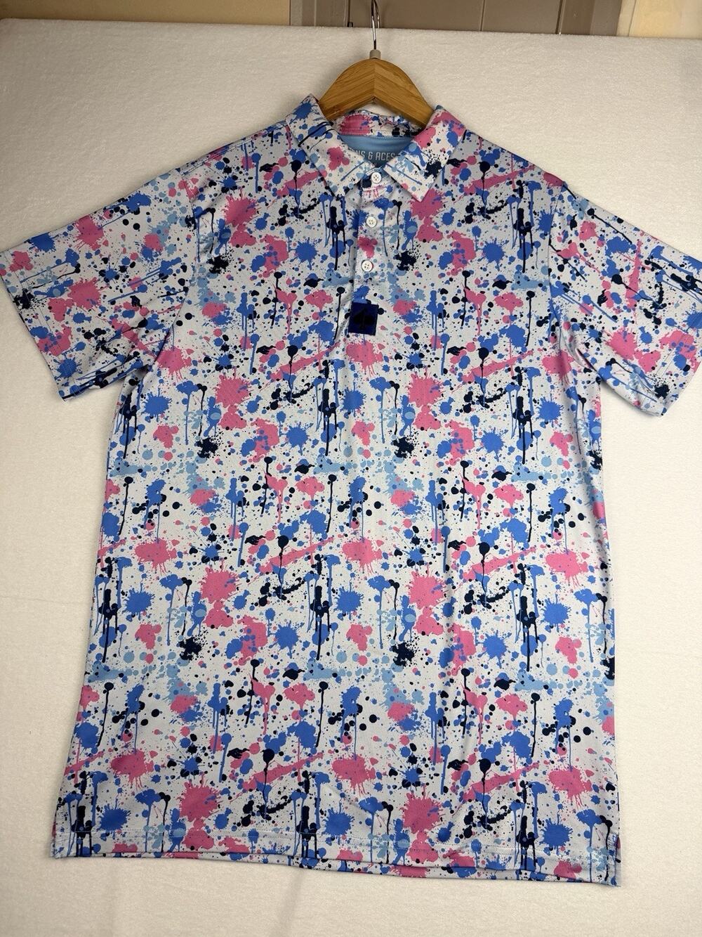 Pins & Aces Golf Polo Mens M Blue Pink Paint Splatter Abstract Performance Shirt